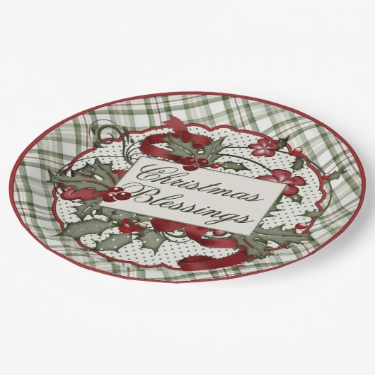 Weihnachts-Holly-CHRISTMAS-BLESSINGS-Papierplatte Pappteller (Schrägansicht)