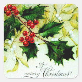 Weihnachts-Holly im Vintage-Stil Quadratischer Aufkleber