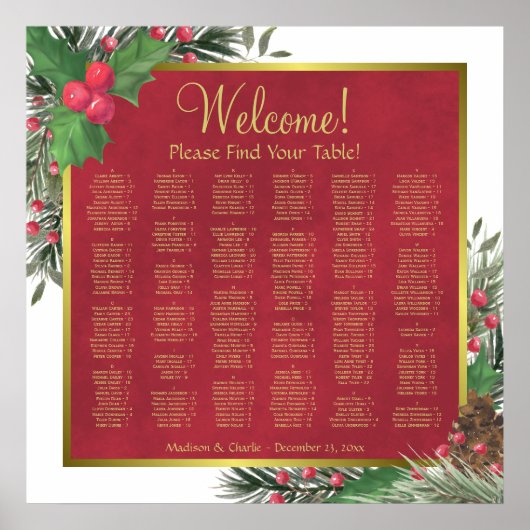 Weihnachts-Holly & Pine-Alphabetischer Sitzplan Poster (Vorne)