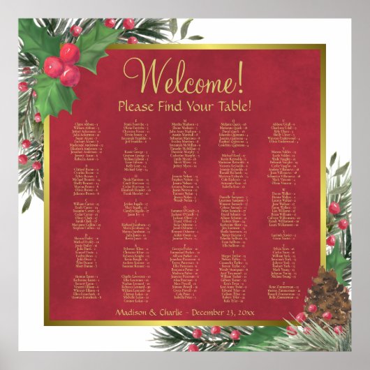 Weihnachts-Holly & Pine-Alphabetischer Sitzplan Poster (Vorne)