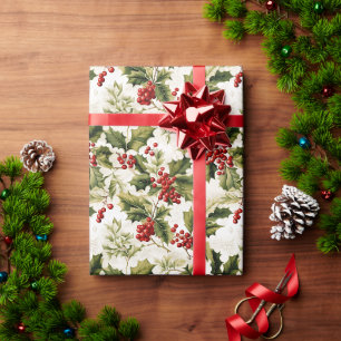 Weihnachts-Holly und Beeren im Vintage-Stil  Geschenkpapier