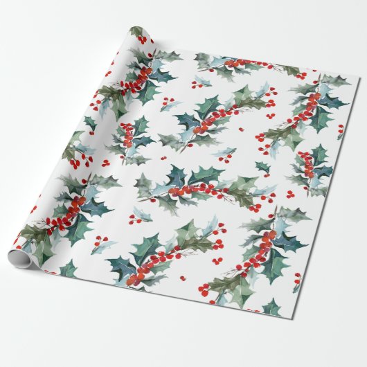 Weihnachts-Holly- und Berries-Muster Geschenkpapier (Ungerollt)