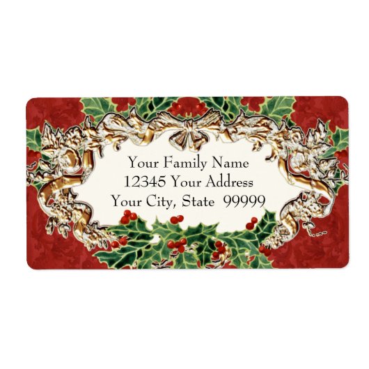 Weihnachts Holly w Gold Look Ribbon n Damask Label (Vorne)