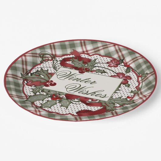 Weihnachts-Holly-WINTER-WISHES-Papierplatte Pappteller (Schrägansicht)