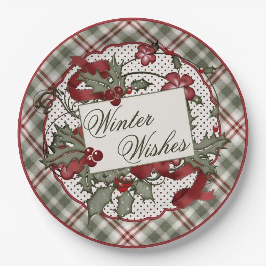 Weihnachts-Holly-WINTER-WISHES-Papierplatte Pappteller (Vorderseite)