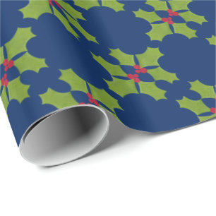 Weihnachts-Holly-Zweig in dunkelblau Geschenkpapier