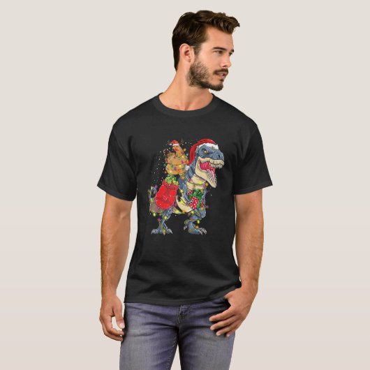 Weihnachts-Hühnerriding Dinosaur T Rex Tree Light T-Shirt (Vorne ganz)