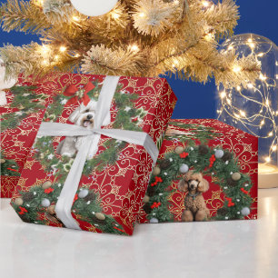 Weihnachts-Hund-Avatar auf rotem Schneeflocken-Hin Geschenkpapier
