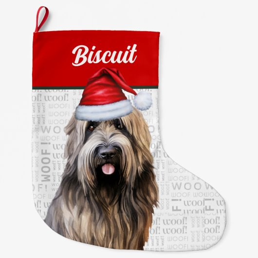 Weihnachts-Hund mit Name Woof Hintergrund Großer Weihnachtsstrumpf (Vorderseite)