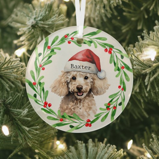 Weihnachts-Hund Poodle Weihnachtsmannmütze Urlaub Ornament Aus Glas (InSitu)
