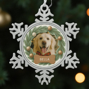 Weihnachts-Hund Text Foto Kranz Name Feiertag Schneeflocken Zinn-Ornament