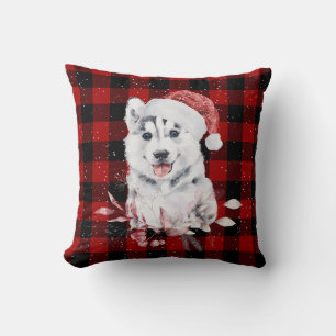 Weihnachts-Husky auf Buffalo Plaid Kissen