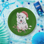 Weihnachts-Husky auf Grün Pappteller (Party)