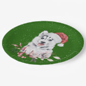 Weihnachts-Husky auf Grün Pappteller (Schrägansicht)