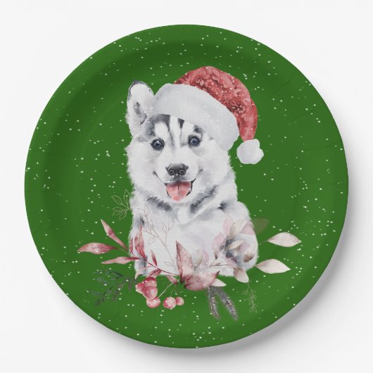 Weihnachts-Husky auf Grün Pappteller (Vorderseite)