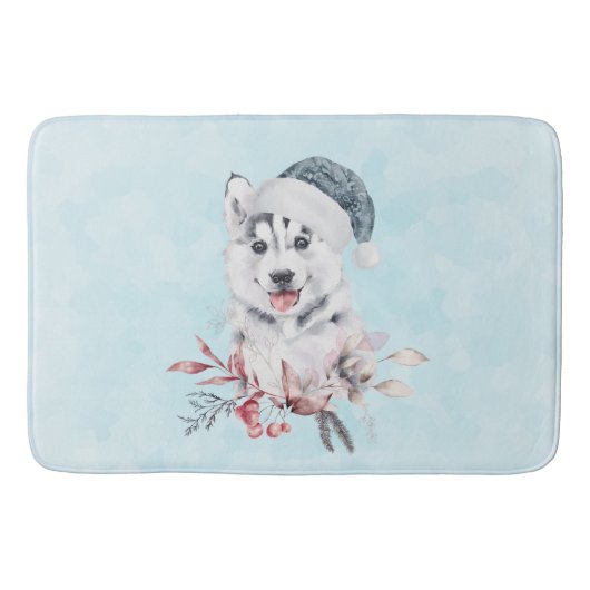 Weihnachts-Husky-Hund in einer Weihnachtsmannmütze Badematte (Vorderseite)