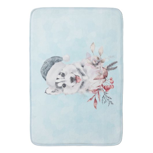 Weihnachts-Husky-Hund in einer Weihnachtsmannmütze Badematte (Vorderseite Vertikal)