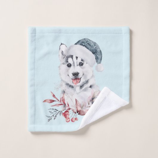 Weihnachts-Husky-Hund in einer Weihnachtsmannmütze Badhandtuch Set (Waschlappen)
