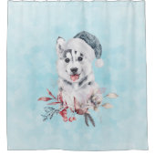 Weihnachts-Husky-Hund in einer Weihnachtsmannmütze Duschvorhang (Vorderseite)