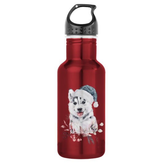 Weihnachts-Husky-Hund in einer Weihnachtsmannmütze Edelstahlflasche (Vorderseite)