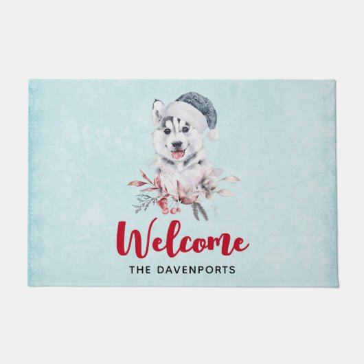 Weihnachts-Husky-Hund in einer Weihnachtsmannmütze Fußmatte (Vorderseite)