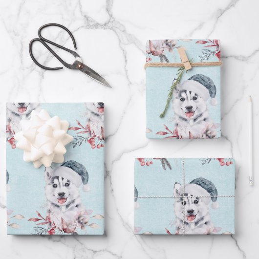 Weihnachts-Husky-Hund in einer Weihnachtsmannmütze Geschenkpapier Set (Vorderseite)