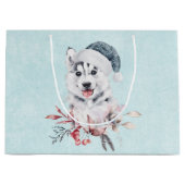 Weihnachts-Husky-Hund in einer Weihnachtsmannmütze Große Geschenktüte (Vorderseite)