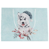 Weihnachts-Husky-Hund in einer Weihnachtsmannmütze Große Geschenktüte (Rückseite)
