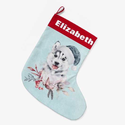 Weihnachts-Husky-Hund in einer Weihnachtsmannmütze Großer Weihnachtsstrumpf (Vorderansicht (hängend))