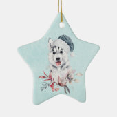 Weihnachts-Husky-Hund in einer Weihnachtsmannmütze Keramik Ornament (Rechts)