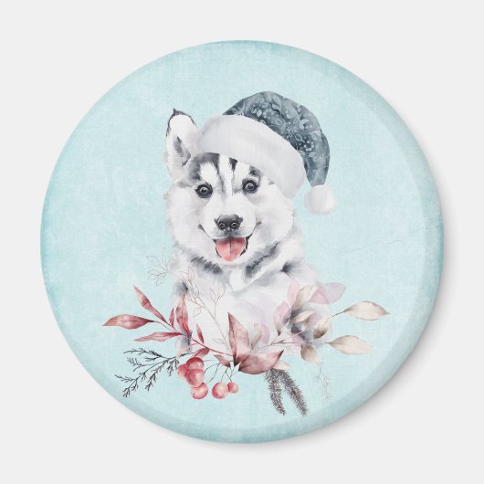 Weihnachts-Husky-Hund in einer Weihnachtsmannmütze Magnet (Vorne)