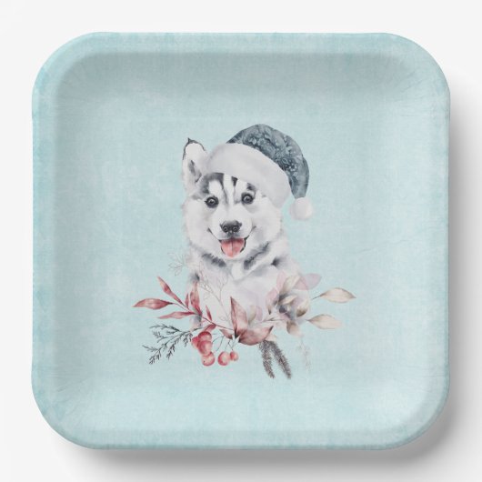 Weihnachts-Husky-Hund in einer Weihnachtsmannmütze Pappteller (Vorderseite)