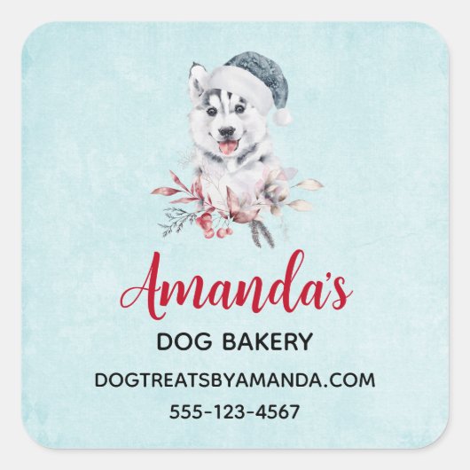 Weihnachts-Husky-Hund in einer Weihnachtsmannmütze Quadratischer Aufkleber (Vorderseite)