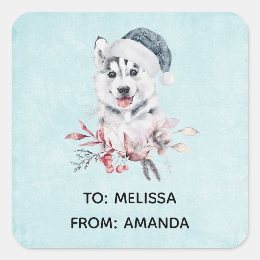 Weihnachts-Husky-Hund in einer Weihnachtsmannmütze Quadratischer Aufkleber (Vorderseite)