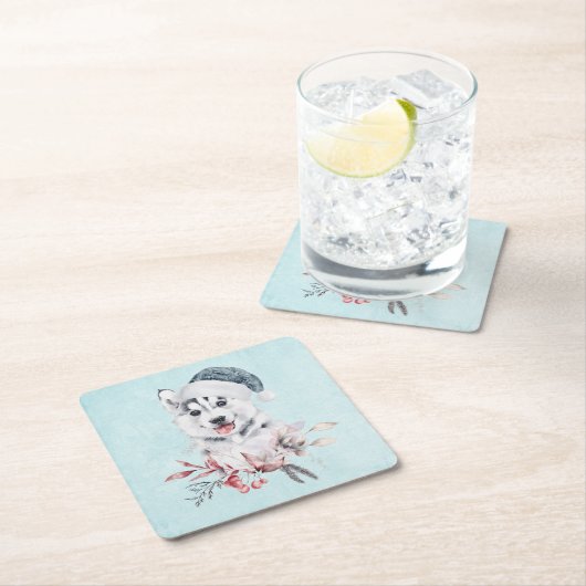 Weihnachts-Husky-Hund in einer Weihnachtsmannmütze Rechteckiger Pappuntersetzer (Vor Ort)