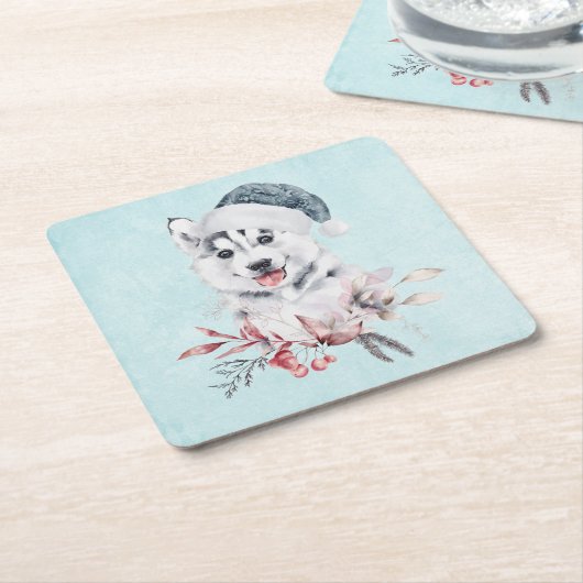 Weihnachts-Husky-Hund in einer Weihnachtsmannmütze Rechteckiger Pappuntersetzer (angewinkelt)