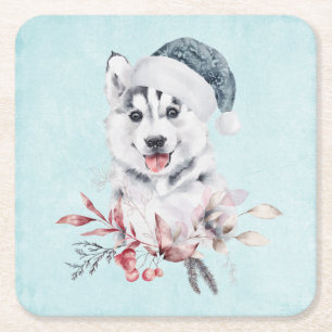 Weihnachts-Husky-Hund in einer Weihnachtsmannmütze Rechteckiger Pappuntersetzer