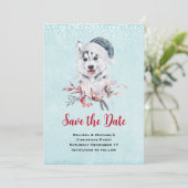 Weihnachts-Husky-Hund in einer Weihnachtsmannmütze Save The Date (Stehend Vorderseite)