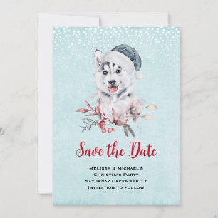Weihnachts-Husky-Hund in einer Weihnachtsmannmütze Save The Date