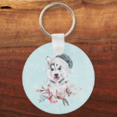 Weihnachts-Husky-Hund in einer Weihnachtsmannmütze Schlüsselanhänger (Vorderseite)