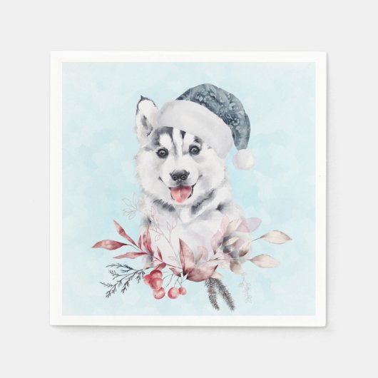 Weihnachts-Husky-Hund in einer Weihnachtsmannmütze Serviette (Vorderseite)