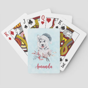 Weihnachts-Husky-Hund in einer Weihnachtsmannmütze Spielkarten