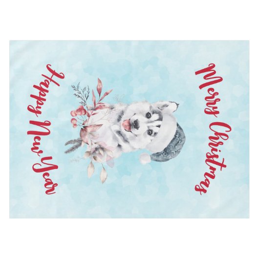 Weihnachts-Husky-Hund in einer Weihnachtsmannmütze Tischdecke (Vorderseite (Horizontal))