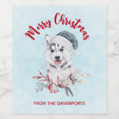 Weihnachts-Husky-Hund in einer Weihnachtsmannmütze Weinetikett (Einzelnes Label)