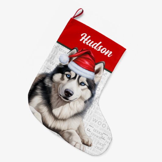 Weihnachts Husky Hund mit Name Woof Hintergrund Großer Weihnachtsstrumpf (Vorderansicht (hängend))