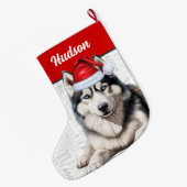 Weihnachts Husky Hund mit Name Woof Hintergrund Großer Weihnachtsstrumpf (Rückseite (Hängend))