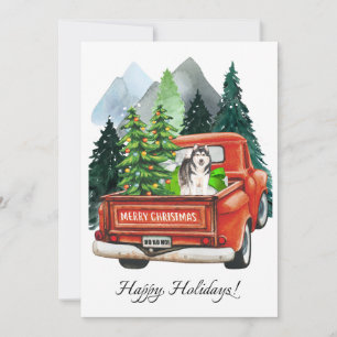 Weihnachts-Husky-Hund und Vintage-LKW Aquarell Feiertagskarte