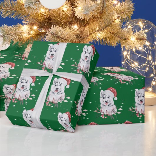 Weihnachts-Husky mit Weihnachtsmannmütze-Umschlagp Geschenkpapier (Feiertage)