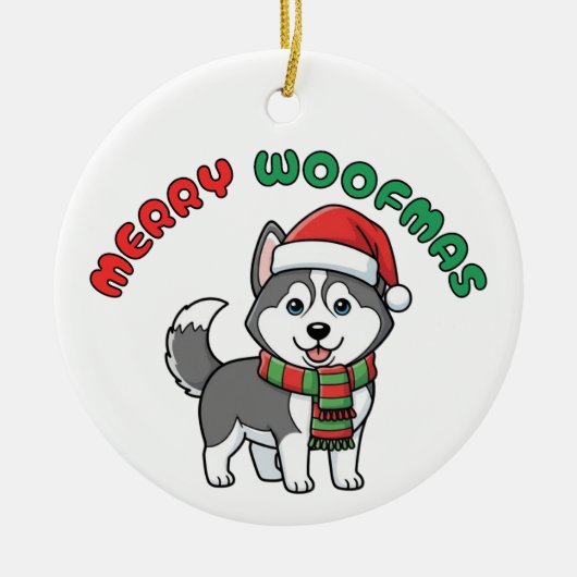Weihnachts-Husky-Ornament: Frohe Woofmas Keramik Ornament (Vorne)