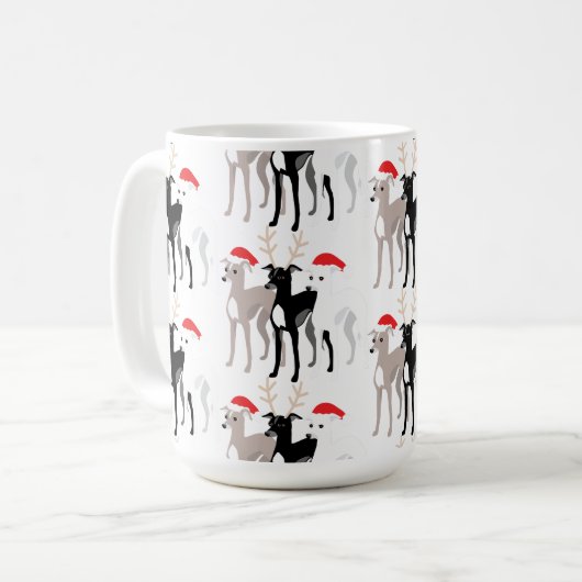 Weihnachts-Iggi-Greyhounds oder Whippets Kaffeetasse (Vorderseite Links)